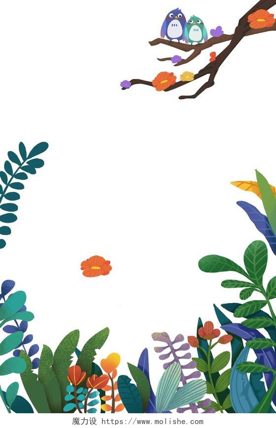 丛林多彩植物小鸟卡通噪点插画素材